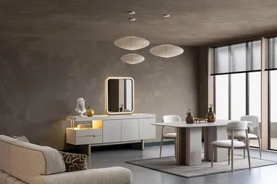 Image de Salle à manger moderne Set Beige Ensemble de salle à manger 8pcs. table chaise 6x commode