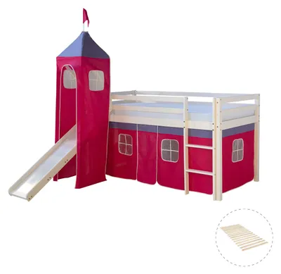Obrázok produktu pre Homestyle4u Poschodová posteľ 90x200 so šmýkačkou, vežou, roštom a závesom, ružová, detská posteľ, biela, borovicové drevo, posteľ pre mládež, hosťovská posteľ, hracia posteľ