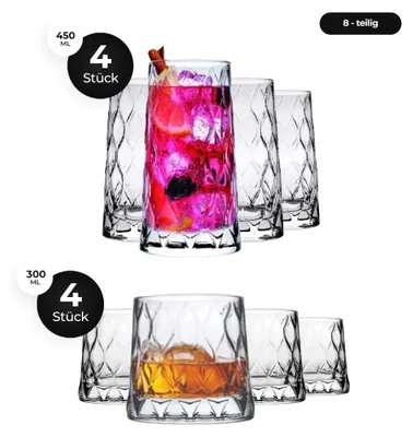 Produktbild von Pasabahce Leafy Gläser Set – 4 Longdrinkgläser + 4 Whiskyglas