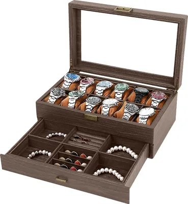 Produktbild von Uhrenschatulle mit Glasdeckel - Schmuckaufbewahrungsbox - 2 Ebenen - 12 Fächer