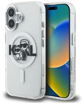 Obrázek produktu pro Pouzdro Karl Lagerfeld IML Glitter, motiv Karl & Choupette, s logem, kompatibilní s MagSafe, pro iPhone 16, průhledné