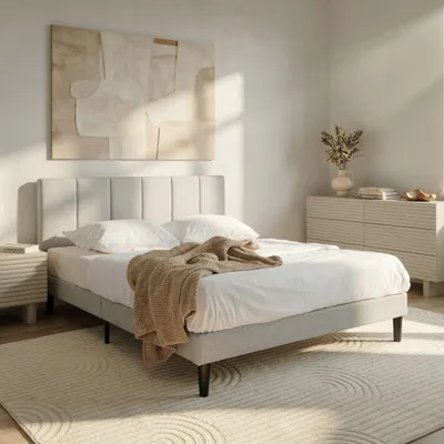 Produktbild von Polsterbett OLBIA 140 x 200 cm in Leinenoptik, Hellgrau - Doppelbett mit gepolstertem Kopfteil, inkl. Lattenrost, modernes Design mit Stoffbezug in Leinenoptik, ideal für Schlafzimmer und Gästezimmer
