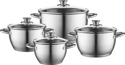 A set of four stainless steel pots with glass lids, arranged in a group on a white background.