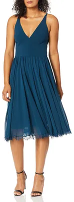 Produktbild von Dress the Population Damen Alicia Plunging Mix Media Sleeveless Fit and Flare Mi