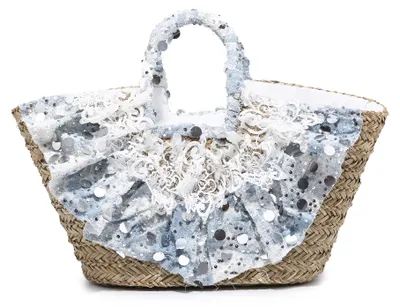 Productafbeelding van Strandtas voor dames, gevlochten, van stro en katoen, zilver en wit met pailletten