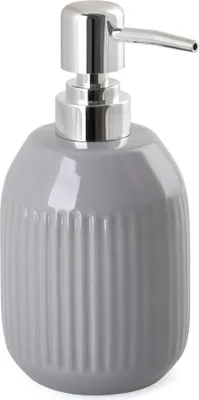 Imagen del producto de Dispensador de jabón líquido de cerámica, color gris, con superficie texturizada, capacidad de 400 ml, con bomba de acero inoxidable