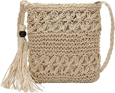 Obrázek produktu pro Pletená kabelka, dámská retro kabelka ze slámy, kabelka přes rameno, dívčí kabelka, letní kabelka s bambulkami, vhodná na dovolenou, kempování, piknik, pro běžné nošení