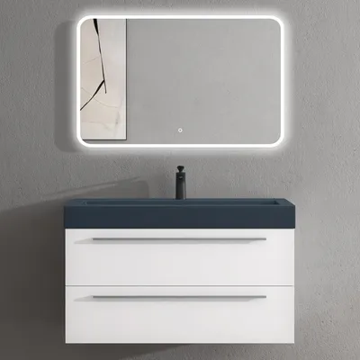 Produktbild von doporro Badmöbel-Set Waschbeckenunterschrank mit Soft-Close in Matt Weiß 100x48x60cm Waschplatz komplett Set inkl. Mineralguss-Waschbecken in matt Anthrazit und Led-spiegel Quadratto