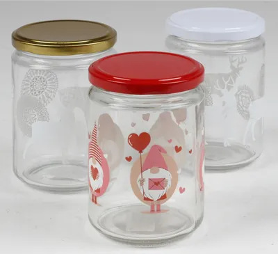 Produktbild von 12x Einmachglas 500ml mit Motiven passend zu Weihnachten, zum Einwecken für Marmelade, als Vorratsgefäß , zum Frischhalten und Kochen, Hitzebeständig, Transparent