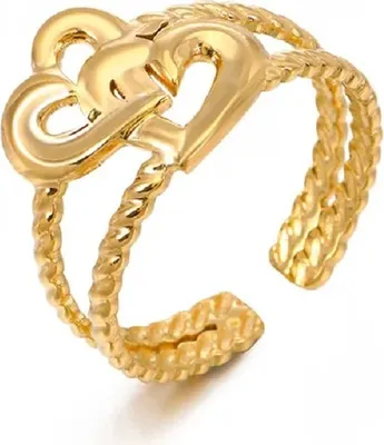 Zdjęcie produktu dla Otwarta obrączka z motywem dwóch serc, srebrna lub złota, regulowana; obrączki Love Rings w kolorze złotym