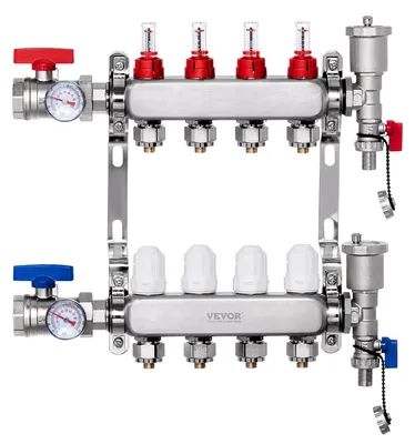 Image de Collecteur de distribution de chaleur VEVOR à 4 branches, collecteur de tubes PEX de 1/2 pouce, collecteur PEX en acier inoxydable pour chauffage par le sol hydronique, kit de distribution de chaleur PEX fourni