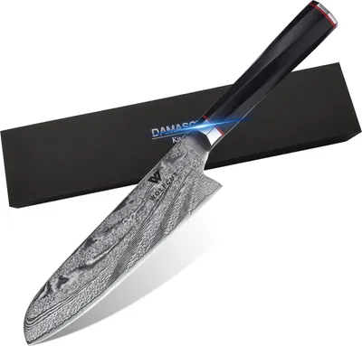 Zdjęcie produktu dla Nóż damasceński Santoku, ostrze 18 cm, 73-warstwowa japońska stal damasceńska z pudełkiem prezentowym firmy WOLFCUT