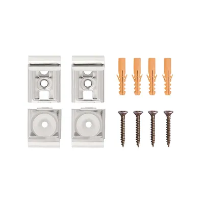 A set of mirror clips, wall plugs, and screws arranged on a white background.