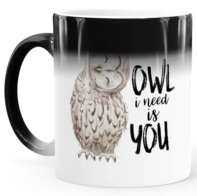 Produktbild von Zaubertasse Farbwechsel Tasse Owl I need is you Spruch Liebe Freund Freundin Geschenk Jarhestag Valentinstag MoonWorks® weiß Magic-Tasse