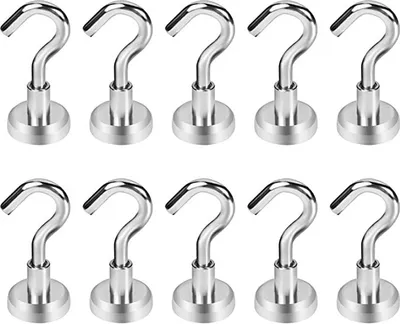 A top-down view of ten silver magnetic hooks arranged in two rows of five on a white background.