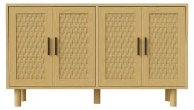 Produktbild von Kommode - Sideboard mit 4 Türen - Holzschrank mit Rattangeflecht - Retro Design - für Wohnzimmer Schlafzimmer - 115–140 x 40 x 80 cm - Beige