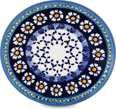 Produktbild von Original Bunzlauer Keramik Frühstücksteller Ø19,5 cm – Handbemaltes Design Kamille Blau, robust und traditionell aus Schlesien