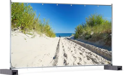 Produktbild von Wallario XXL Outdoor-Poster für Garten oder Balkon, Motiv Auf dem Sandweg zum Strand - Blauer Himmel über dem Meer, in ca. 340 x 173 cm