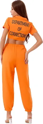Immagine prodotto di Donna Costume da galeotto taglia XL Top Crop Top con pantaloni Manette Prison Suit Uniforme per Halloween Carnevale