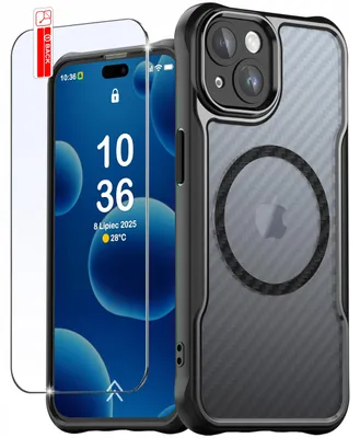 Obrázok produktu pre Matné čierne, odolné a vystužené puzdro Magsafe pre iPhone 15 + sklo