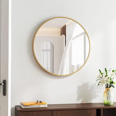 Produktbild von Livingandhome Badspiegel Ø 50 cm Rund Hängespiegel aus Aluminium Wandspiegel mit Rahmen, Golden