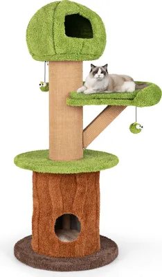 Produktbild von GOPLUS Kratzbaum 148 cm, Katzenbaum in Pilzform mit 2 Katzenhöhlen, Plattform, Sisalkratzpfosten & abnehmbarem Sitzkissen, Braun+Grün