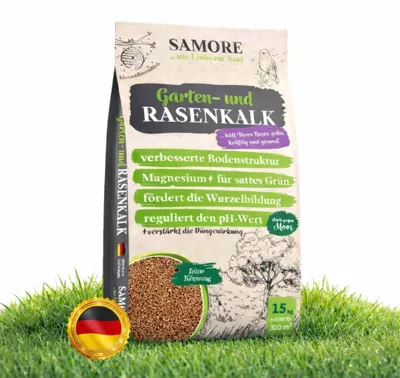 Produktbild von samore 15kg Rasenkalk Frühjahr & Herbst, für 300m², bei Moos und Unkraut im Rasen, verstärkt die Düngung, verbessert pH-Wert & Bodenstruktur, extra fein, ideal für Streuwagen, tierfreundlich