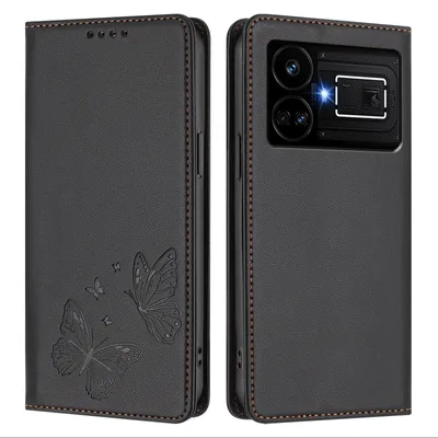Produktbild von Lederhülle für Realme GT5 5G, Schmetterling Prägung Leder Brieftasche Schutzhülle mit Ständer Schwarz