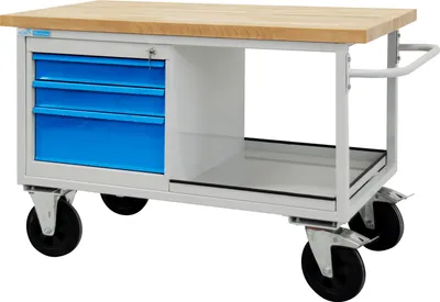 Produktbild von Mobile Werkbank Rhino mit Ablagefach + 3 Schubladen | HxBxT 83x130x60cm | Traglast 500kg | Lichtgrau/Lichtblau