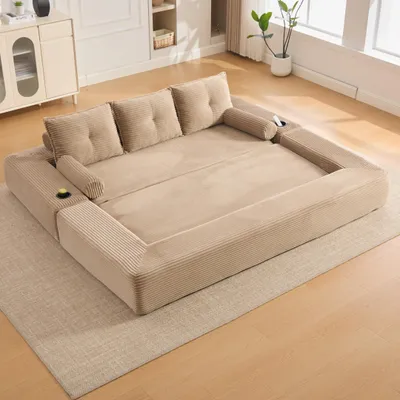 Produktbild von LVHOM Klappsofa 2-in-1 Schlafsofa aus Cordstoff, Bodensofa mit Getränkehalter, Modulares Polstersofa mit Seitentaschen, 232 cm, Khaki