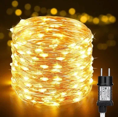 Zdjęcie produktu dla Świecący sznur – 200 diod LED – wodoodporny – 20 m – ciepła biel – drut miedziany
