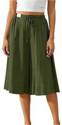 Produktbild von ASKSA Damen 3/4 Leinenhose Weites Bein Caprihose Sommer Palazzo Hosen Elegant Casual Leicht Freizeithose mit Taschen (Armeegruen,XXL)