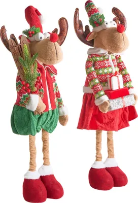 Two plush reindeer figures dressed in festive Christmas attire, standing side-by-side against a white background.