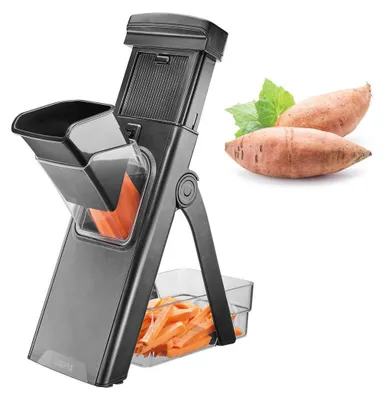 A vegetable slicer with sweet potatoes and sliced sweet potatoes.