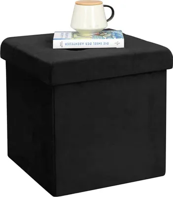 Productafbeelding van Happyment® Mesi hocker – Fluweel hocker met opbergruimte – Opbergbank/zitbank – Zwart – Zitkist met deksel – 50x35x45 cm