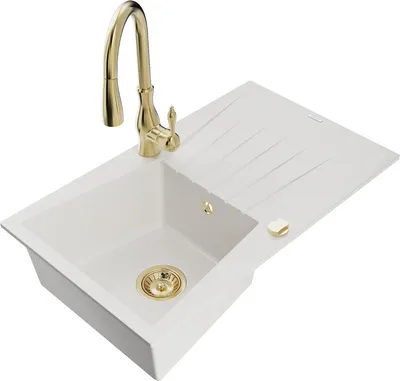 Produktbild von Mexen Cesar 1 Becken-Granitspüle mit Abtropffläche und Mischbatterie Savita, Weiß - 6514-20-672601-50