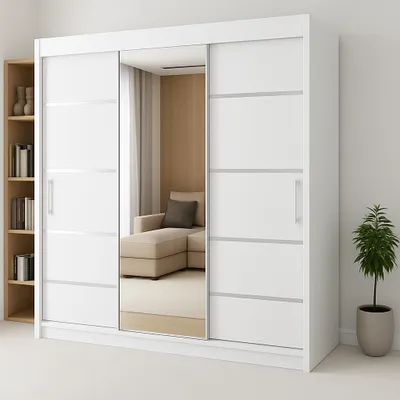 Zdjęcie produktu dla Szafa 3-drzwiowa przesuwna RIO-3 180x215cm kolor biały z ozdobnymi listwami – lustro na froncie, w zestawie półki, drążki, trwałość i styl