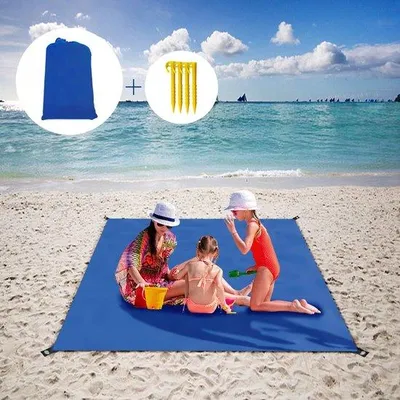 Produktbild von Famanu Strandmatte 210 x 200 cm - Wasserfest, Tragbar, Faltbar, Mit 4 Ankern - Blau