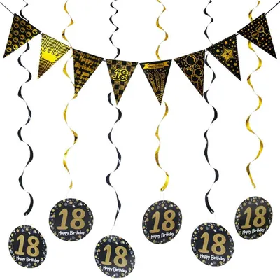18. Geburtstagsdeko Schwarz-Gold, 12 Spiralen + Wimpelkette
