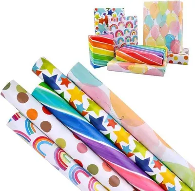 Produktbild von Famanu Geschenkpapier 5 Rollen - Regenbogen, Punkte, Sterne und Streifen