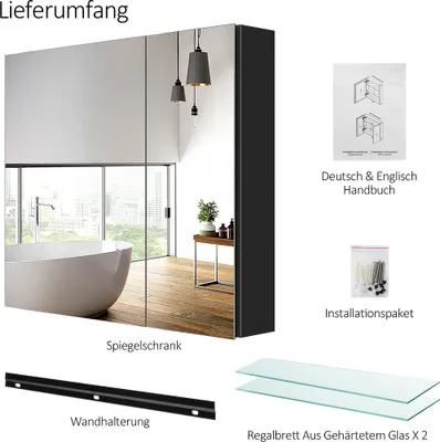 Produktbild von EMKE Spiegelschrank Bad 75x65cm, Rostfreier Aluminium Badezimmerschrank mit 2 Türen, Wandmontage Horizontal, Soft-Close Scharniere, Schwarz