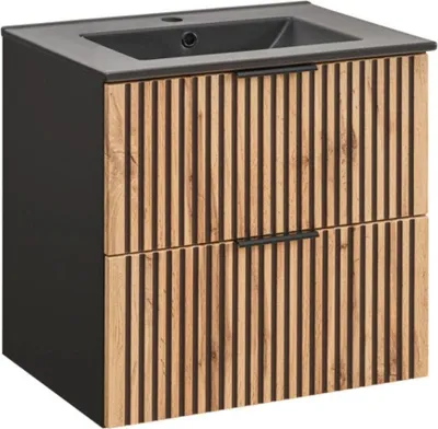 Immagine prodotto di Set da bagno KINOKO: mobiletto sottolavabo con cassetti 60cm + lavabo incasso nero + sifone