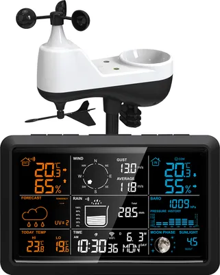 Zdjęcie produktu dla Stacja pogodowa z deszczomierzem i anemometrem, bezprzewodowa, do użytku wewnątrz i na zewnątrz, 5 w 1, cyfrowa prognoza pogody, wilgotność, faza księżyca, światło słoneczne, termometr temperatury z zasilanym energią słoneczną czujnikiem zewnętrznym do domu