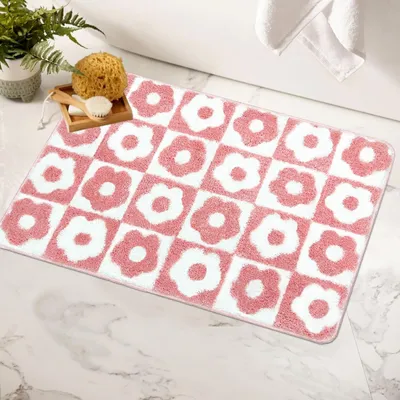 Image de Tapis de bain 20" x 32", rose, à carreaux, antidérapant, en microfibre, pour salle de bain