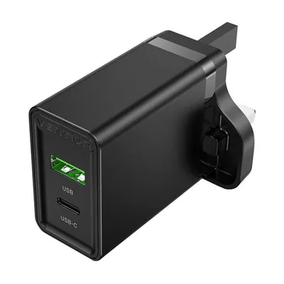 Imagen del producto de Cargador de pared para Reino Unido con 2 puertos USB (USB-A y USB-C) (18W/20W), cargador rápido, color