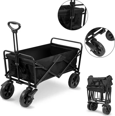 A black foldable wagon is shown from multiple angles, including a close-up of the handle and wheels, and a folded view.