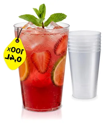 Produktbild von 100 Mehrweg Plastikbecher 0,4 L – Stapelbare Partybecher – Spülmaschinenfeste Hartplastikbecher für Veranstaltungen, Feiern und Gastronomie