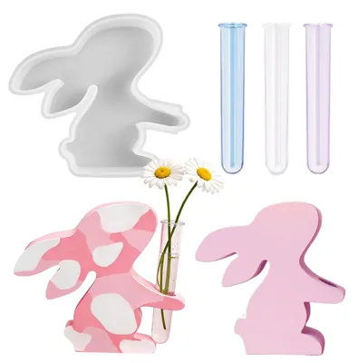 Produktbild von Silikonform eines Osterhasen mit 3 Reagenzgläsern, Epoxidharzform 3D-Hasen für Bastelprojekte mit Pflanzenstecklingen