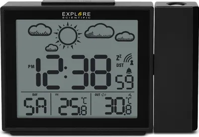 A black digital alarm clock with a projection feature, displaying the time, date, and weather information.