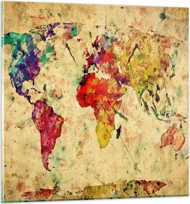 Produktbild von Bilder auf glas - Karte Welt modern - 60x60cm - Glasbilder - Wandbilder - Kunstdruck - zum Aufhängen bereit - Wanddekoration aus Glas - Glas Bilder - Wandbild auf Glas - Einteilig - GAC60x60-3582